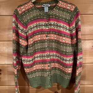 Tiara Women's Festive Fair Isle/Nordic Striped Cardigan Sz M pinks & greens CUTE